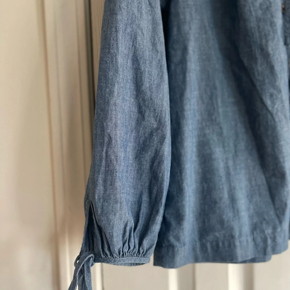 J. Crew Blue Button-Front Peasant Blouse with Tie Neck - Picture 2 of 6